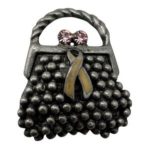 Vintage Handbag-Shaped Pin with Rhinestones and Awareness‎ Ribbon, 1”
